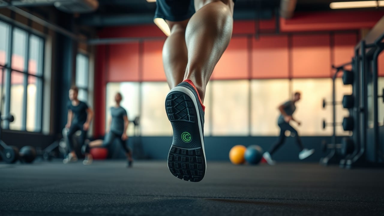 athlete using custom orthotics during a high-intensity workout in a vibrant gym setting